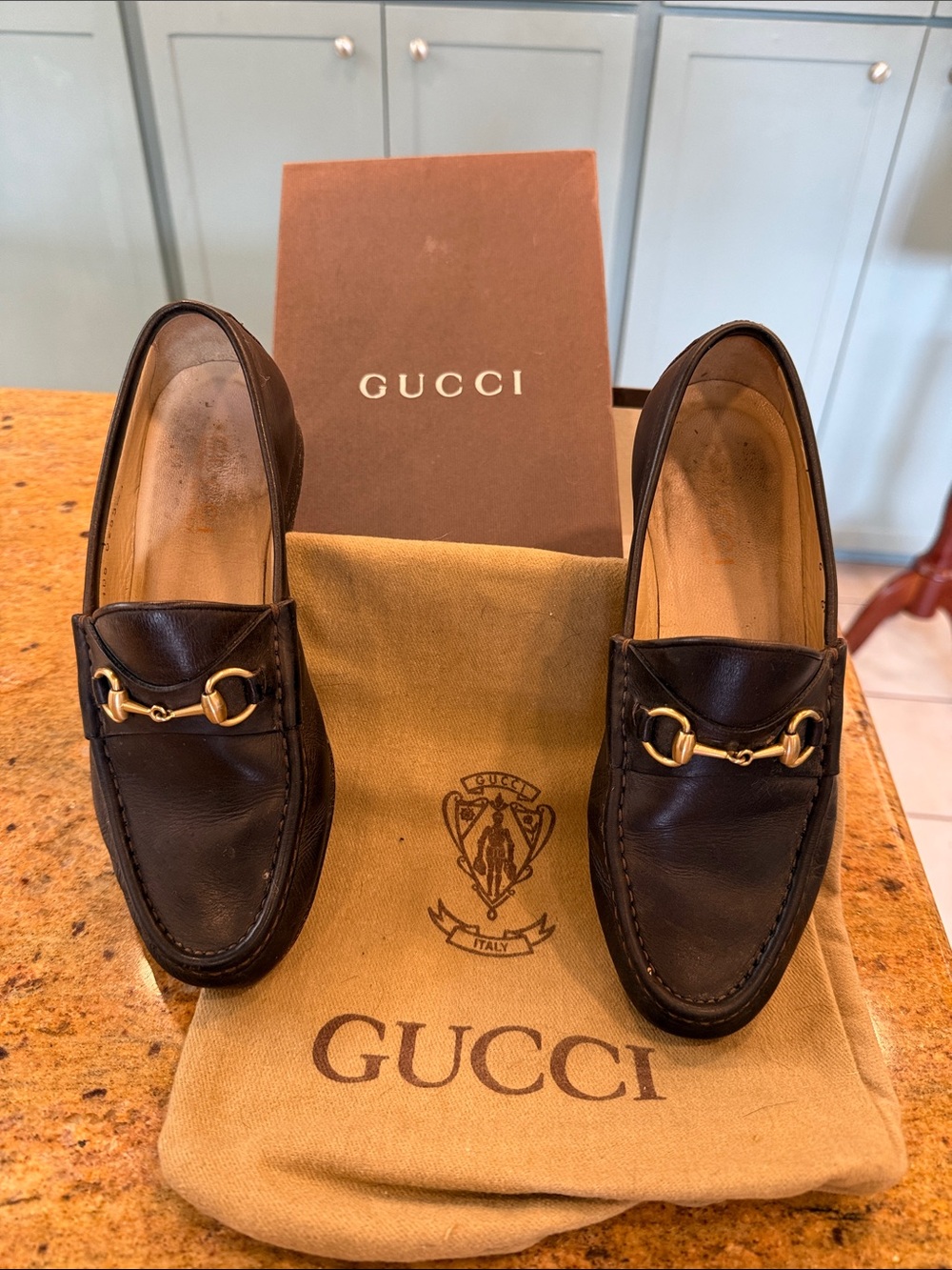 Gucci womens Dark Brown Leather Horsebit Slip-On Loafers